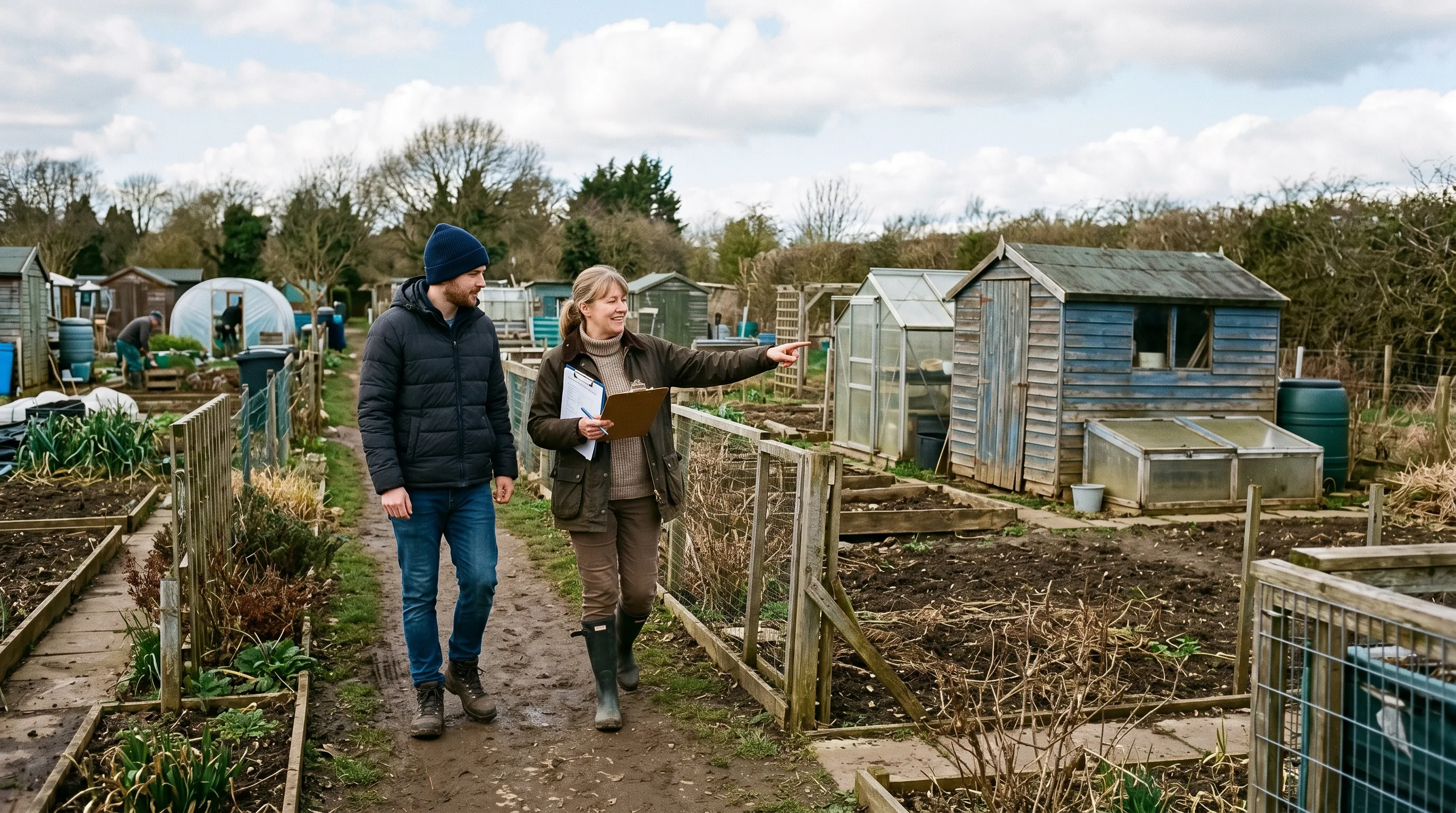 UK gardener walking new vacant allotment plot with site secretary clipboard in hand making notes early March