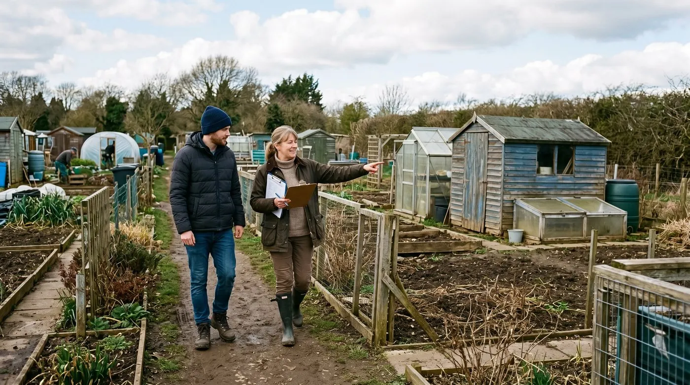 UK gardener walking new vacant allotment plot with site secretary clipboard in hand making notes early March