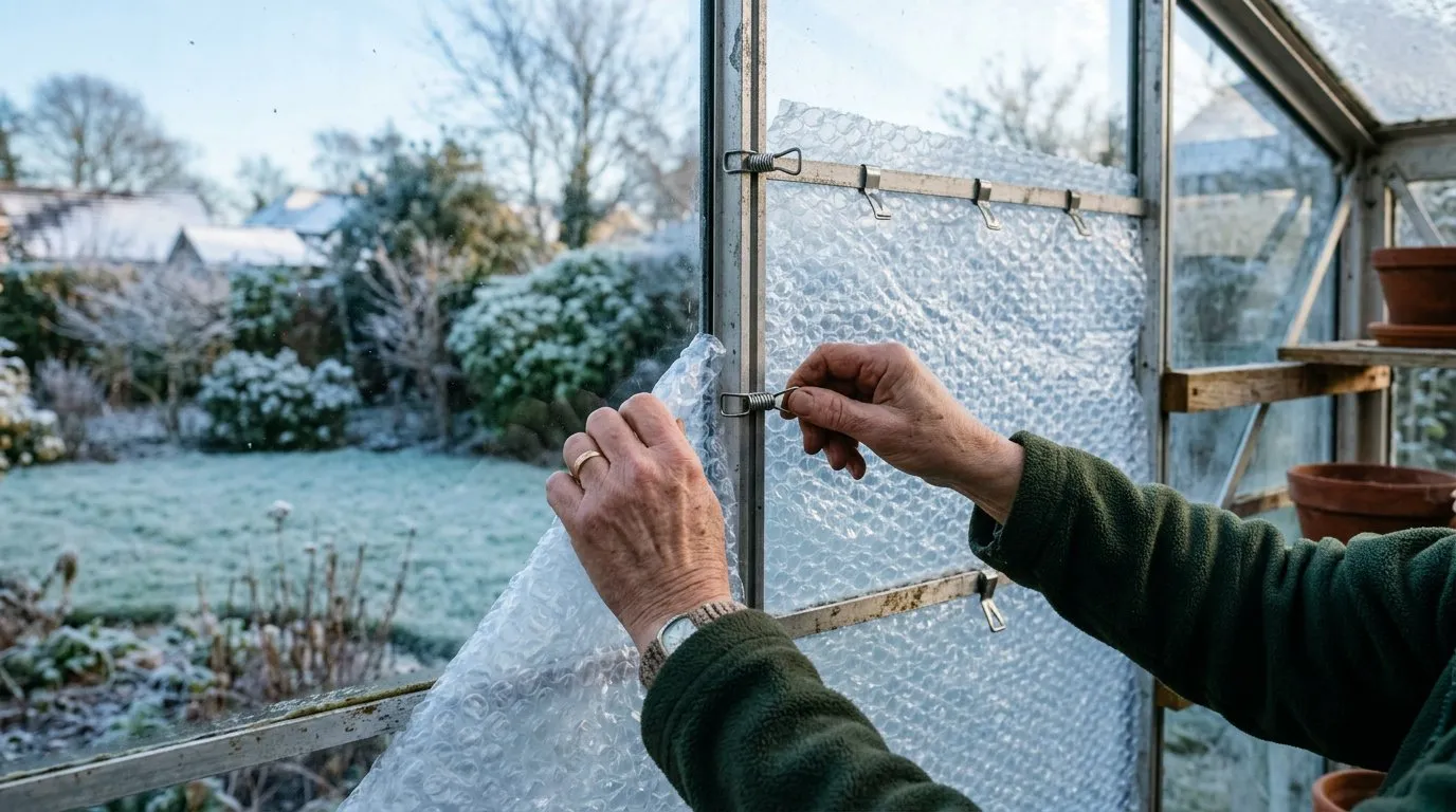 Fitting bubble wrap to insulate greenhouse glass panels using glazing clips on an aluminium frame in winter