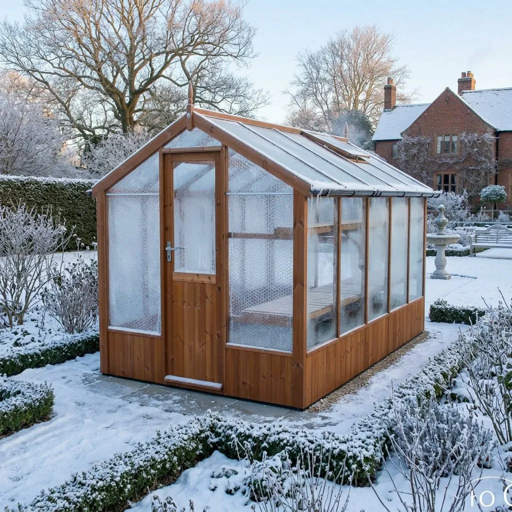 Swallow Kingfisher wooden greenhouse with bubble wrap insulation in a snowy winter garden