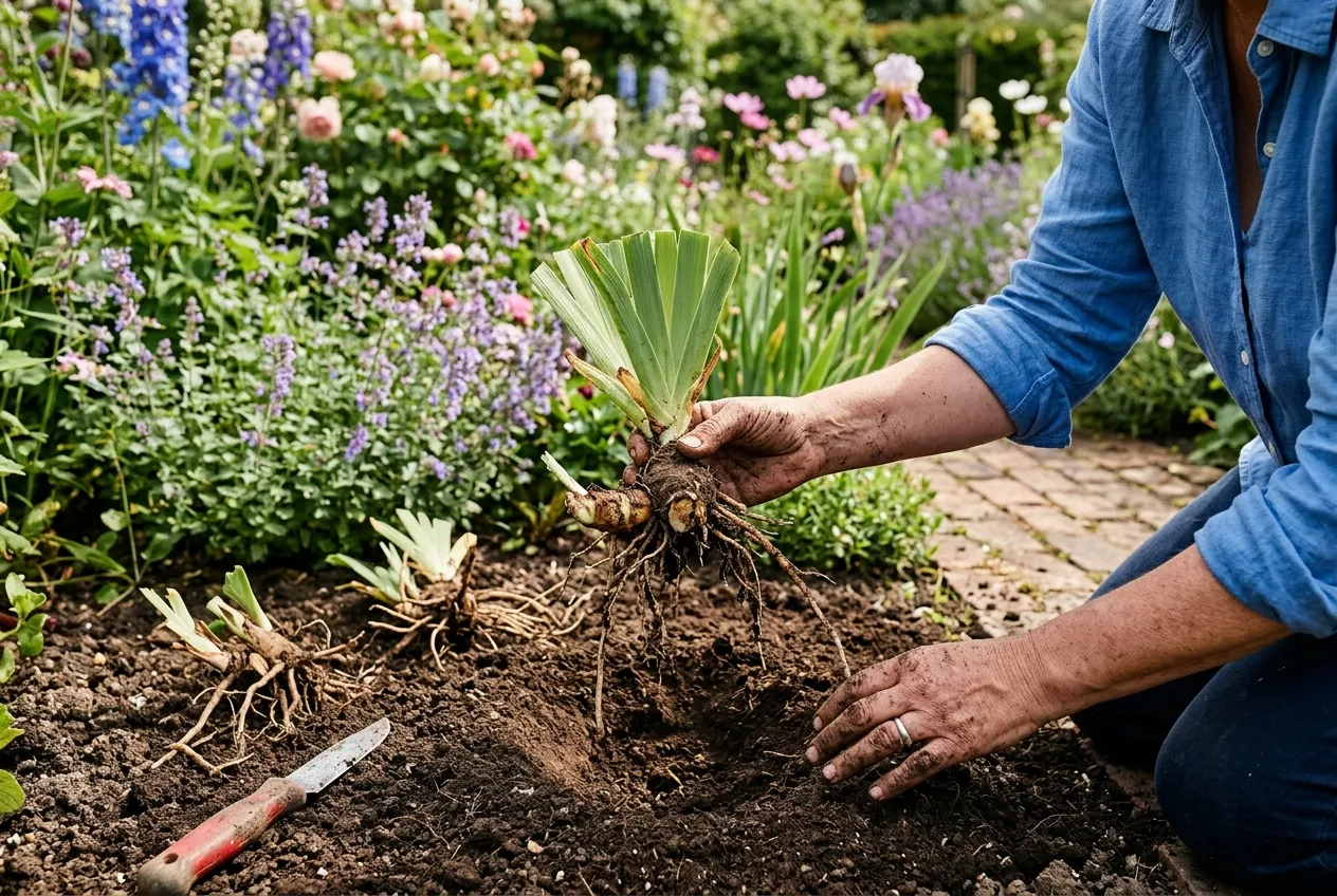 Grow iris UK showing bearded iris rhizomes being divided and replanted in a garden border