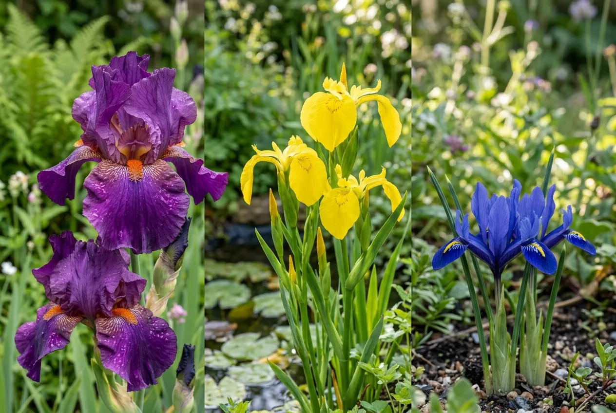 Grow iris UK comparing three iris types side by side in a garden setting
