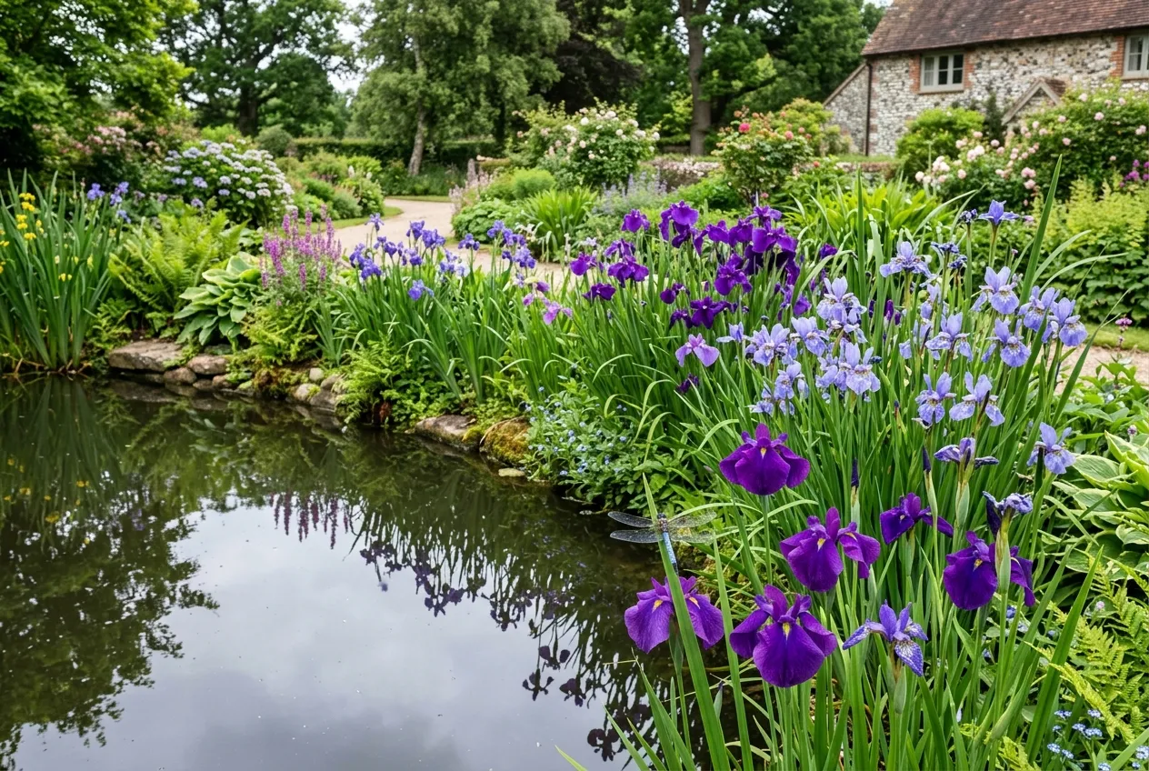 Grow iris UK with Siberian and water iris growing beside a garden pond in early summer