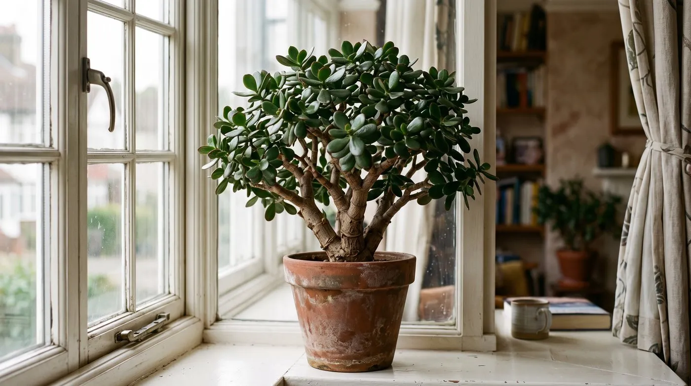 Mature jade plant Crassula ovata with a thick trunk and glossy leaves on a bright UK windowsill