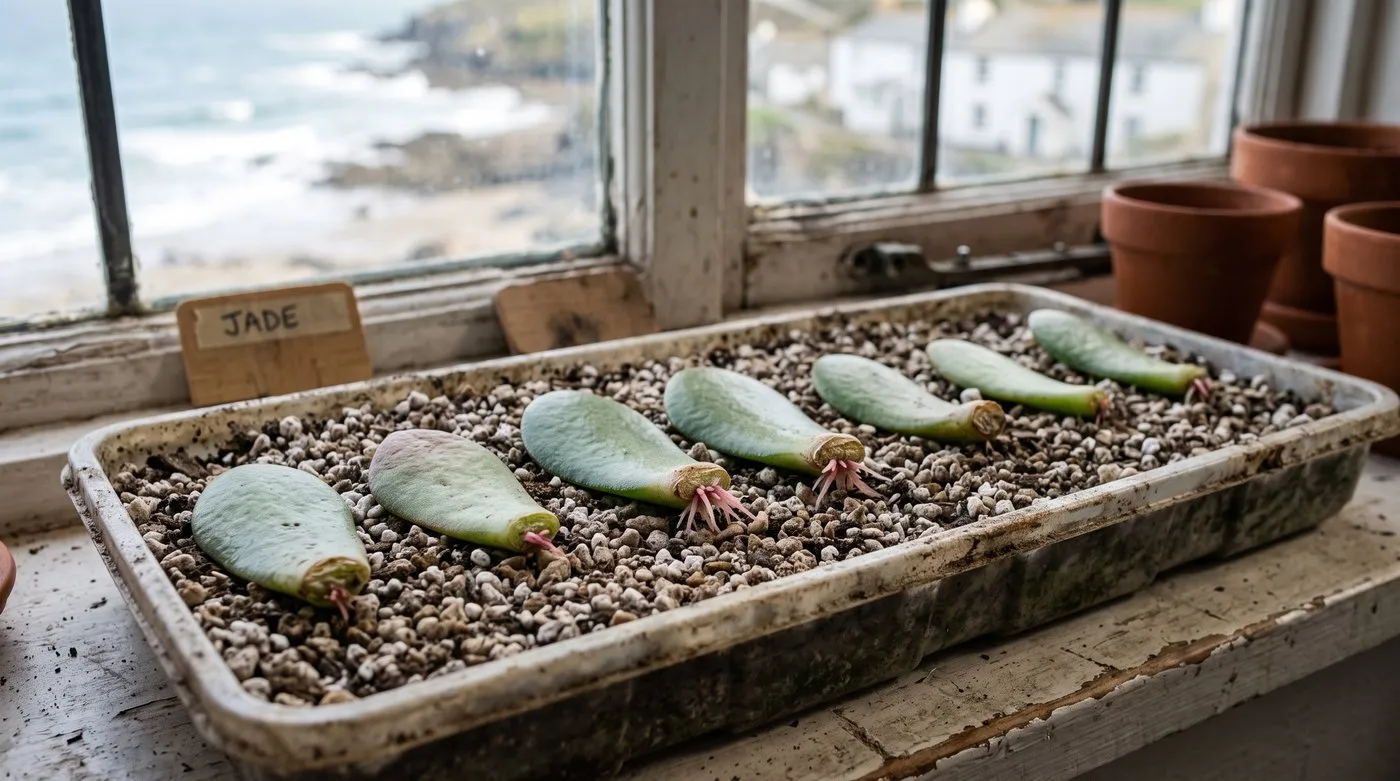 Jade plant leaf cuttings callusing on a gritty propagation tray by a window