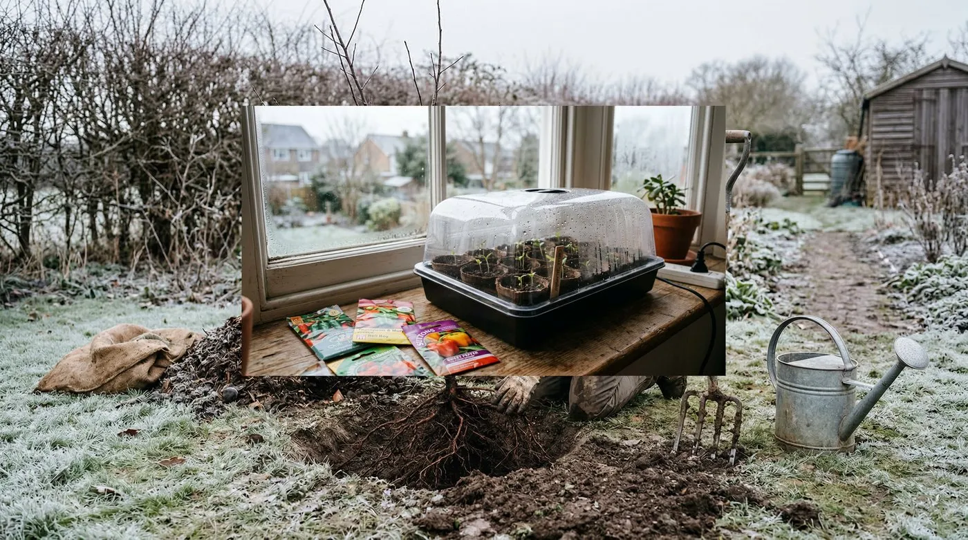 Planting a bare-root fruit tree in a winter garden with mulch spread around the base