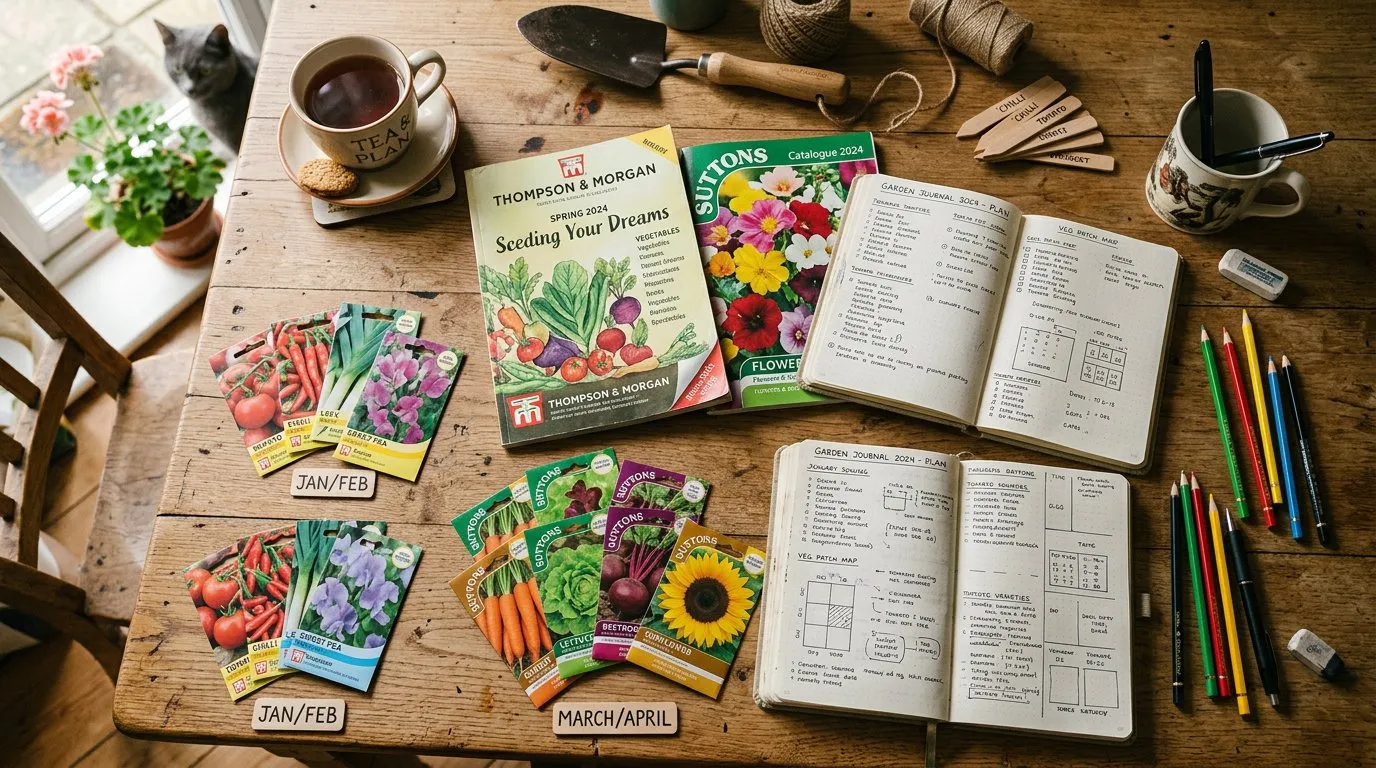 January garden planning with seed catalogues and notebook open on a kitchen table with seed packets arranged