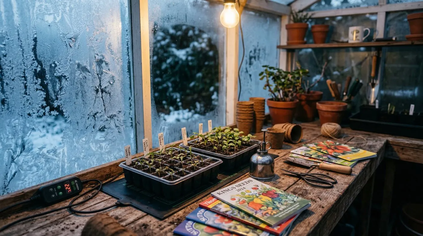 Seed trays and catalogues on a potting bench beside a frosty garden window in January morning light