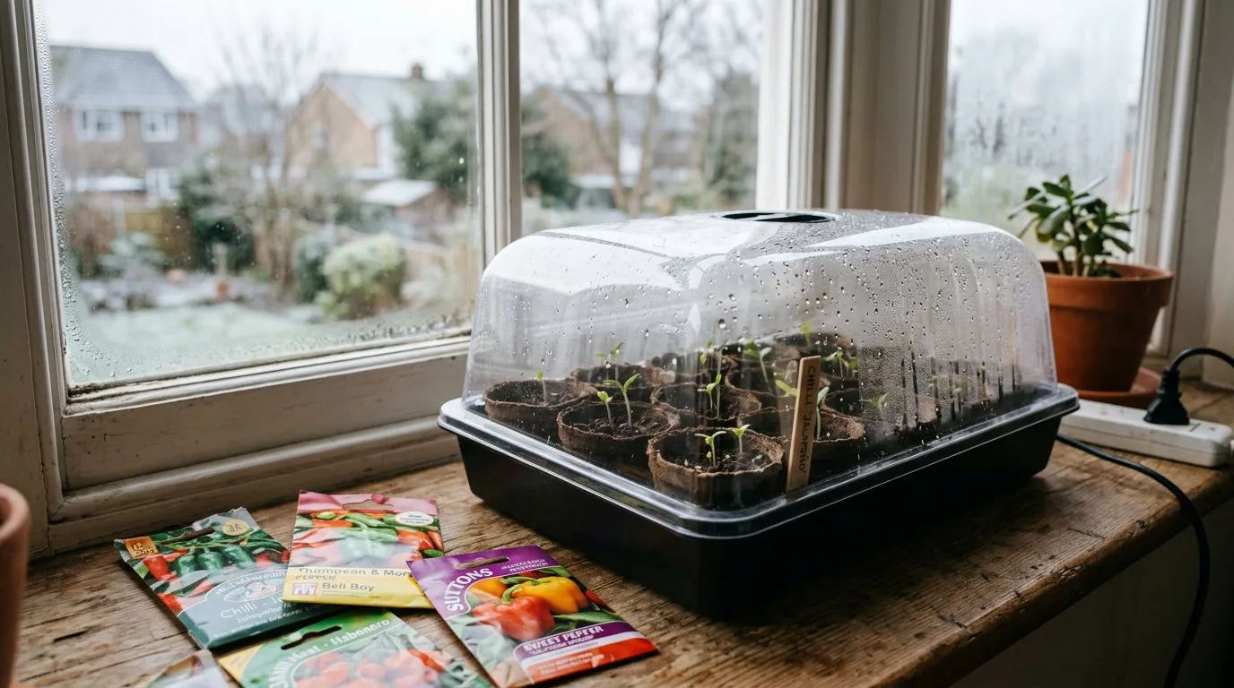 Indoor seed starting setup with heated propagator, seed trays, and grow lights on a January windowsill