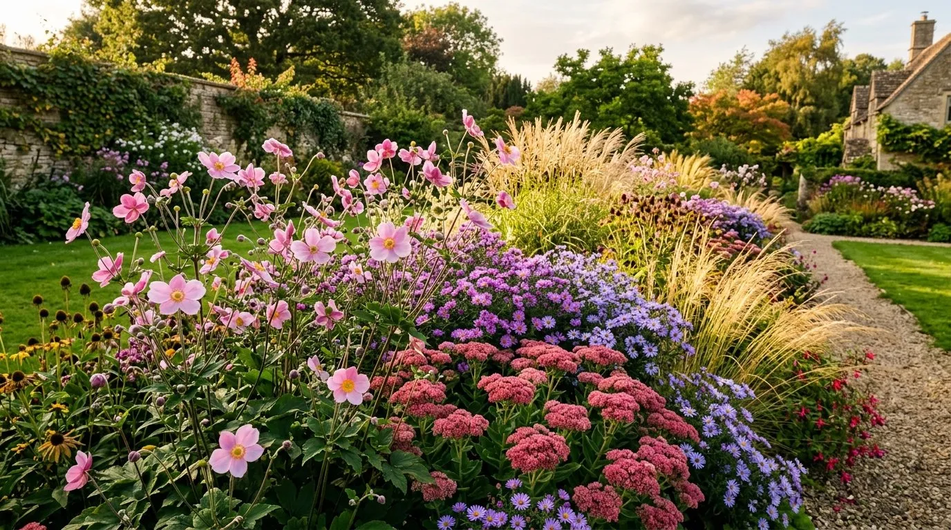 Mixed autumn border with pink Japanese anemones alongside sedum asters and ornamental grasses