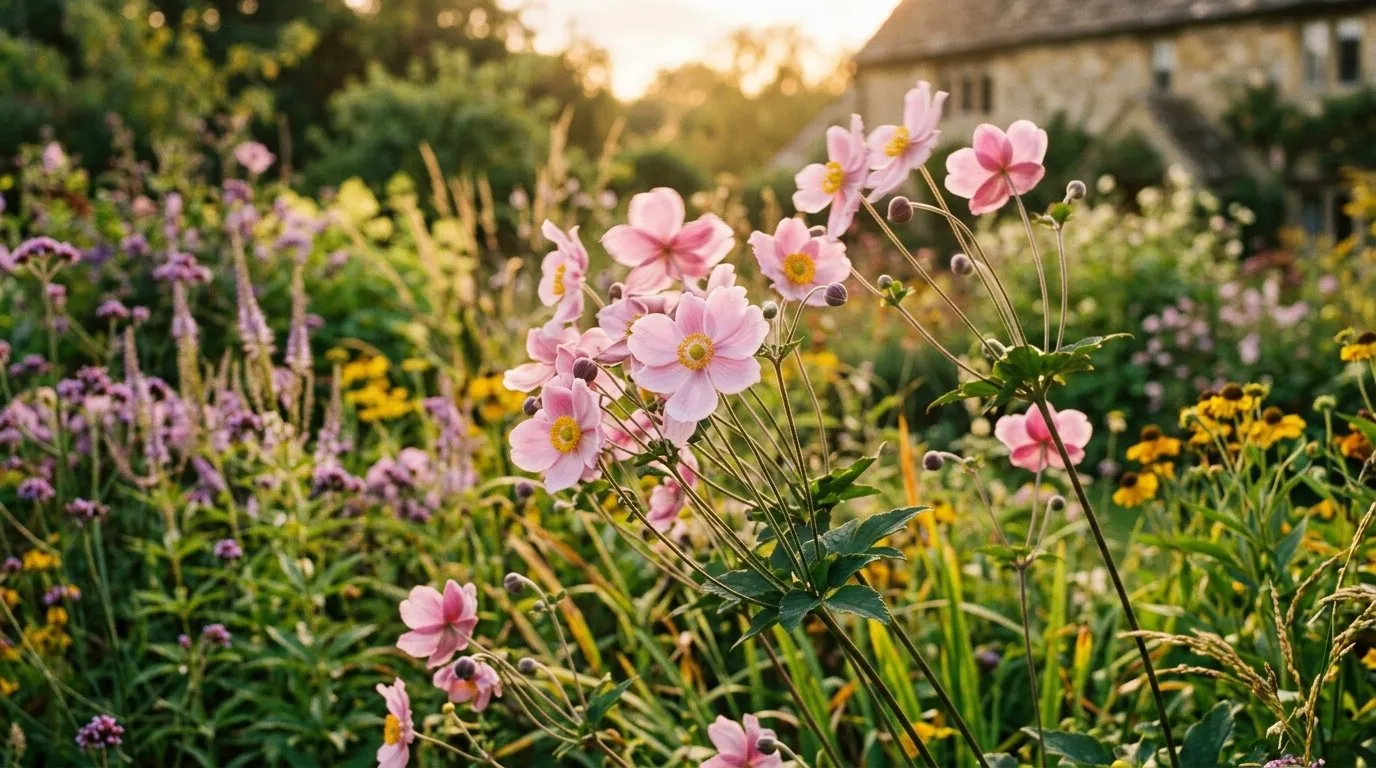 Pink Japanese anemones swaying in golden hour light in a British cottage garden border
