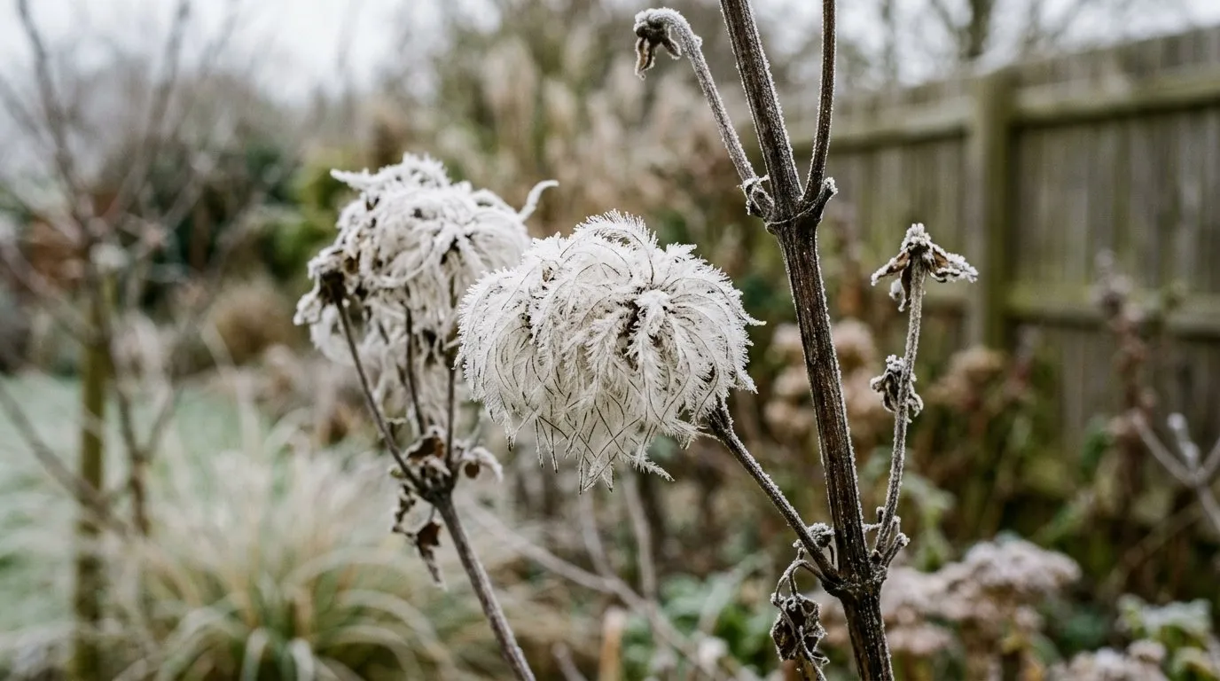 Frost-covered Japanese anemone seed heads in a British winter garden