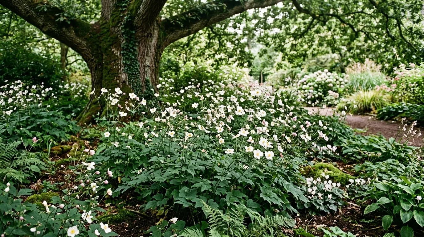 Japanese anemones naturalised under a mature tree showing their shade tolerance