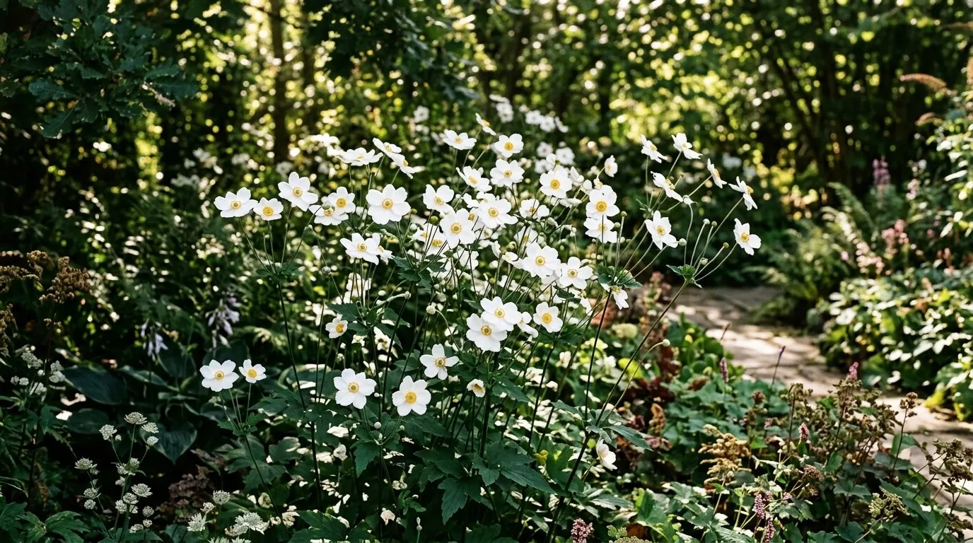 White Honorine Jobert Japanese anemones with golden centres in dappled shade