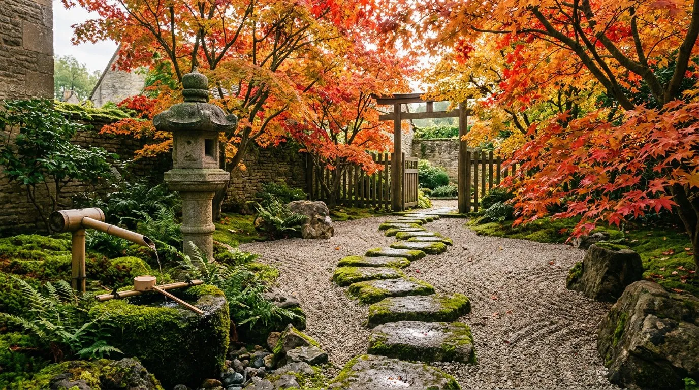 Japanese-style garden with stone lantern, raked gravel, and acer palmatum in autumn colour