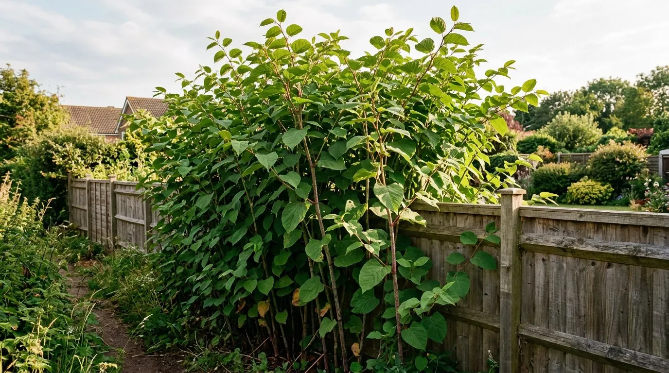 Japanese knotweed with distinctive heart-shaped leaves and hollow bamboo-like stems growing beside a UK garden wall