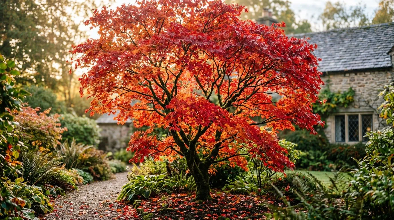 Japanese maple tree with vivid red autumn foliage growing in a sheltered UK garden border