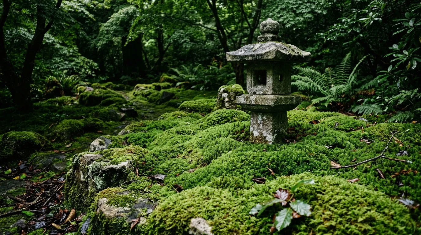 Mature established moss floor lapping against a stone lantern base in a damp UK Japanese garden