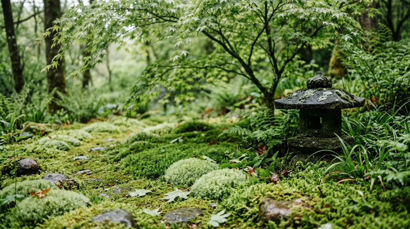 Japanese moss garden carpet of Leucobryum cushions and Hypnum sheet moss under acers in a shaded UK garden