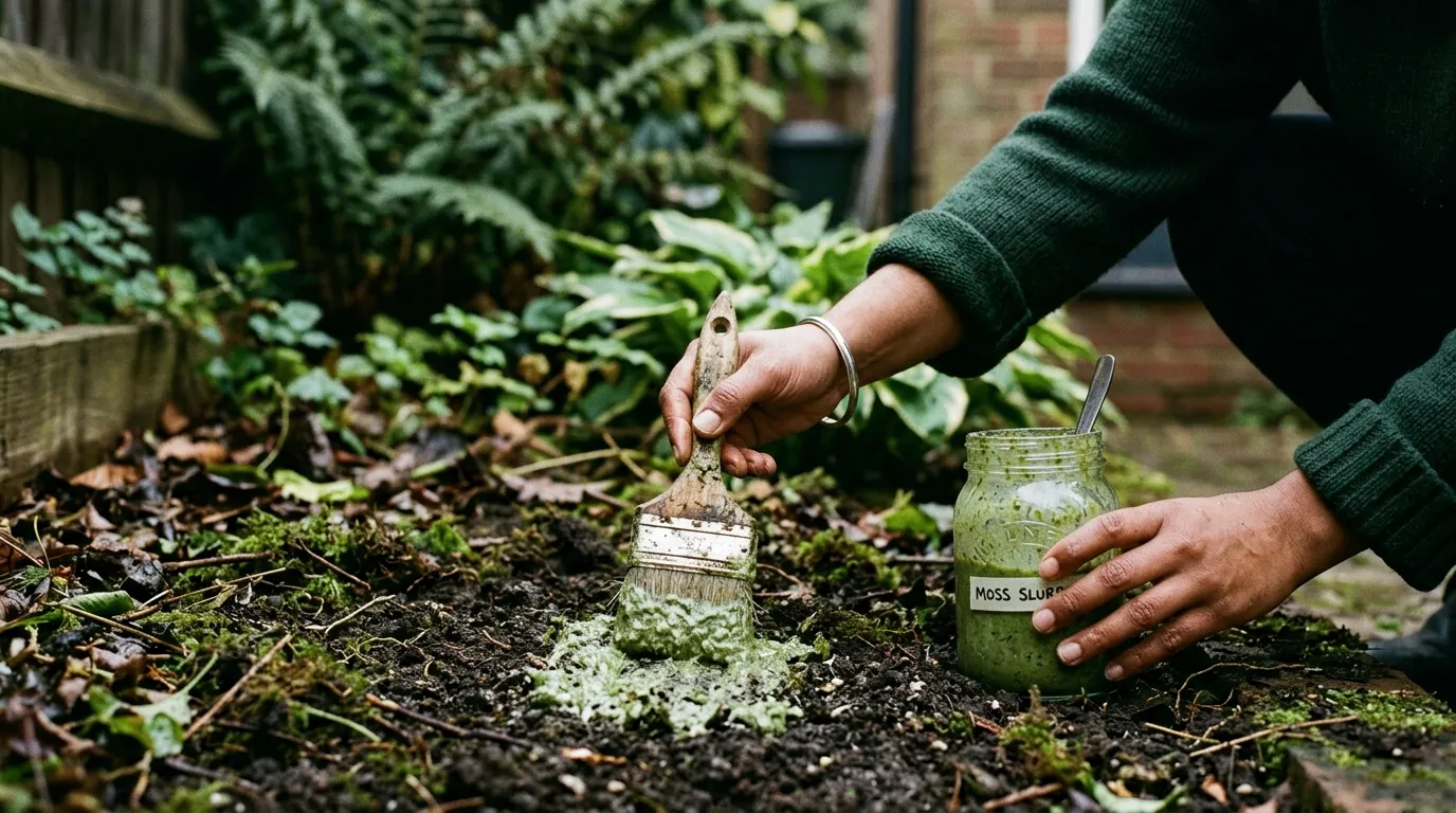 Hand spreading buttermilk moss slurry across damp acidic soil with a brush in a north-facing UK bed