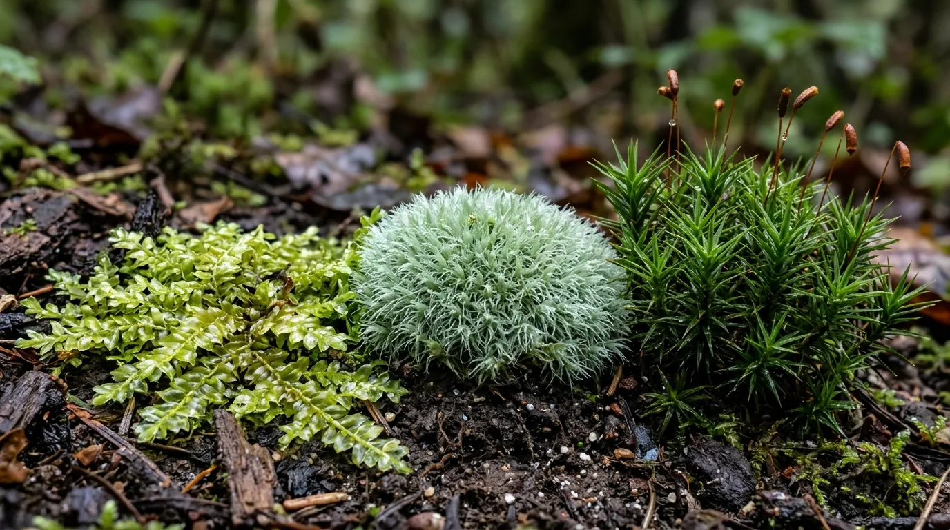 Three moss species side by side showing Hypnum sheet, Leucobryum cushion and Polytrichum haircap texture