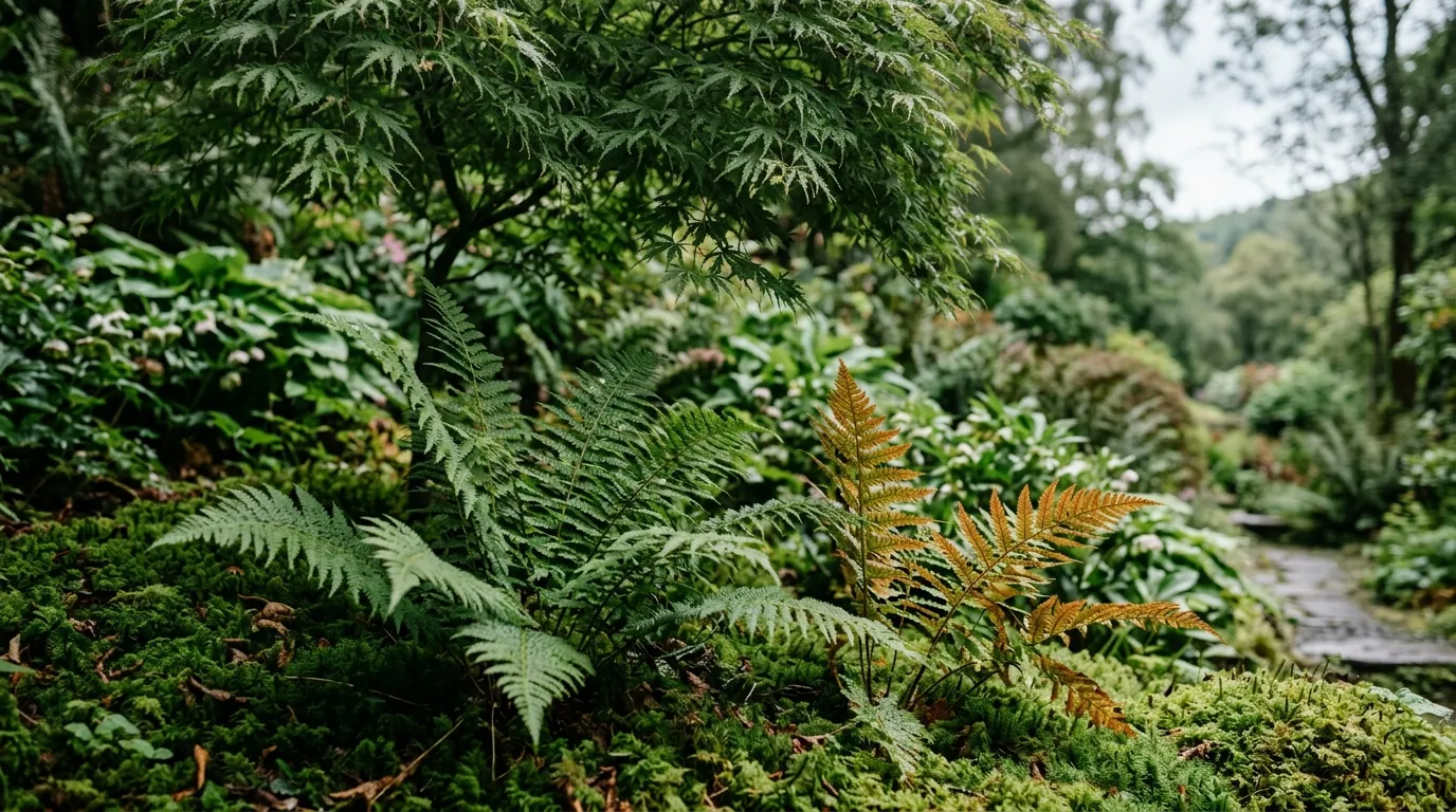 Acers and hardy ferns rising above a mature moss floor in a shaded Welsh valley garden