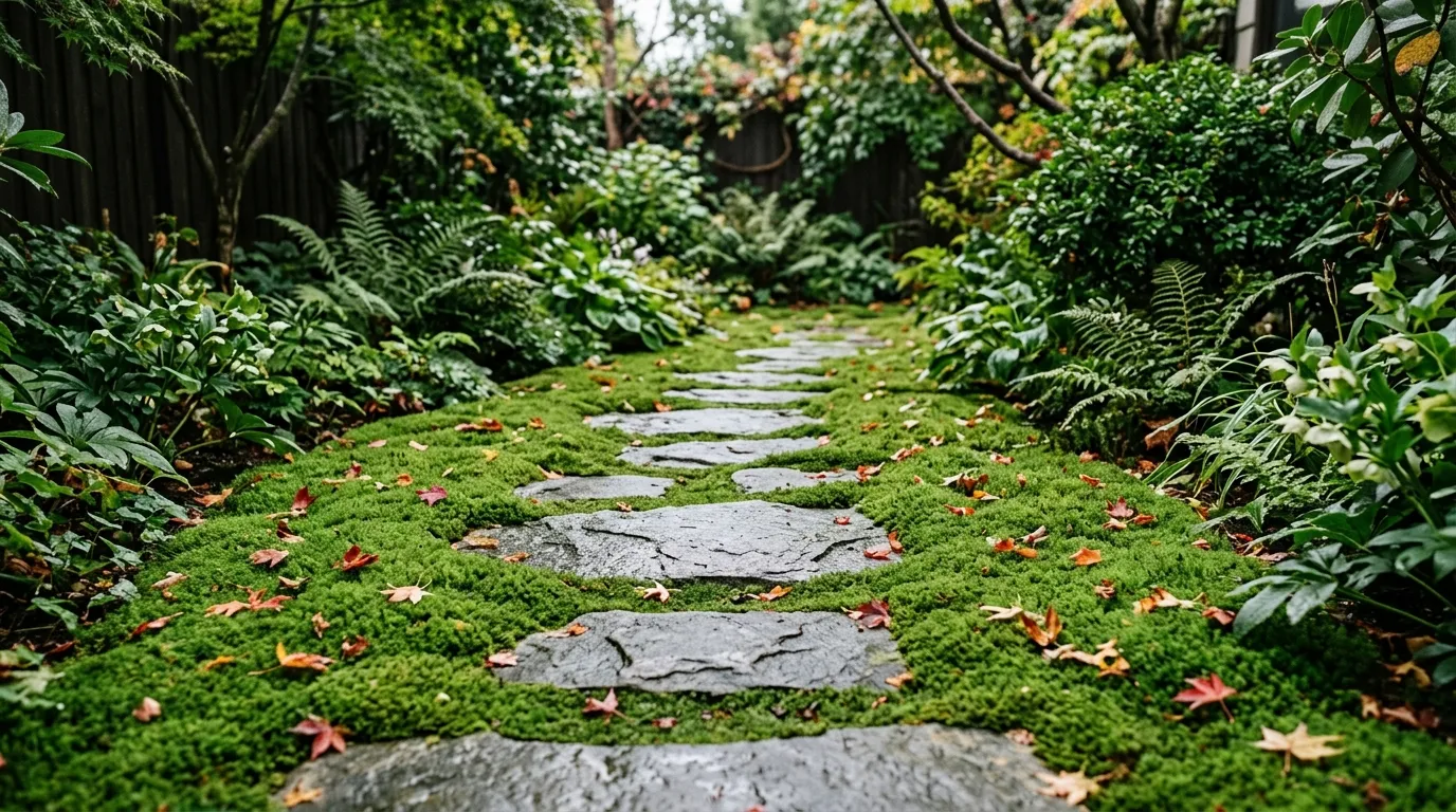 Stepping stones set flush in a green moss carpet leading through a damp shaded suburban garden
