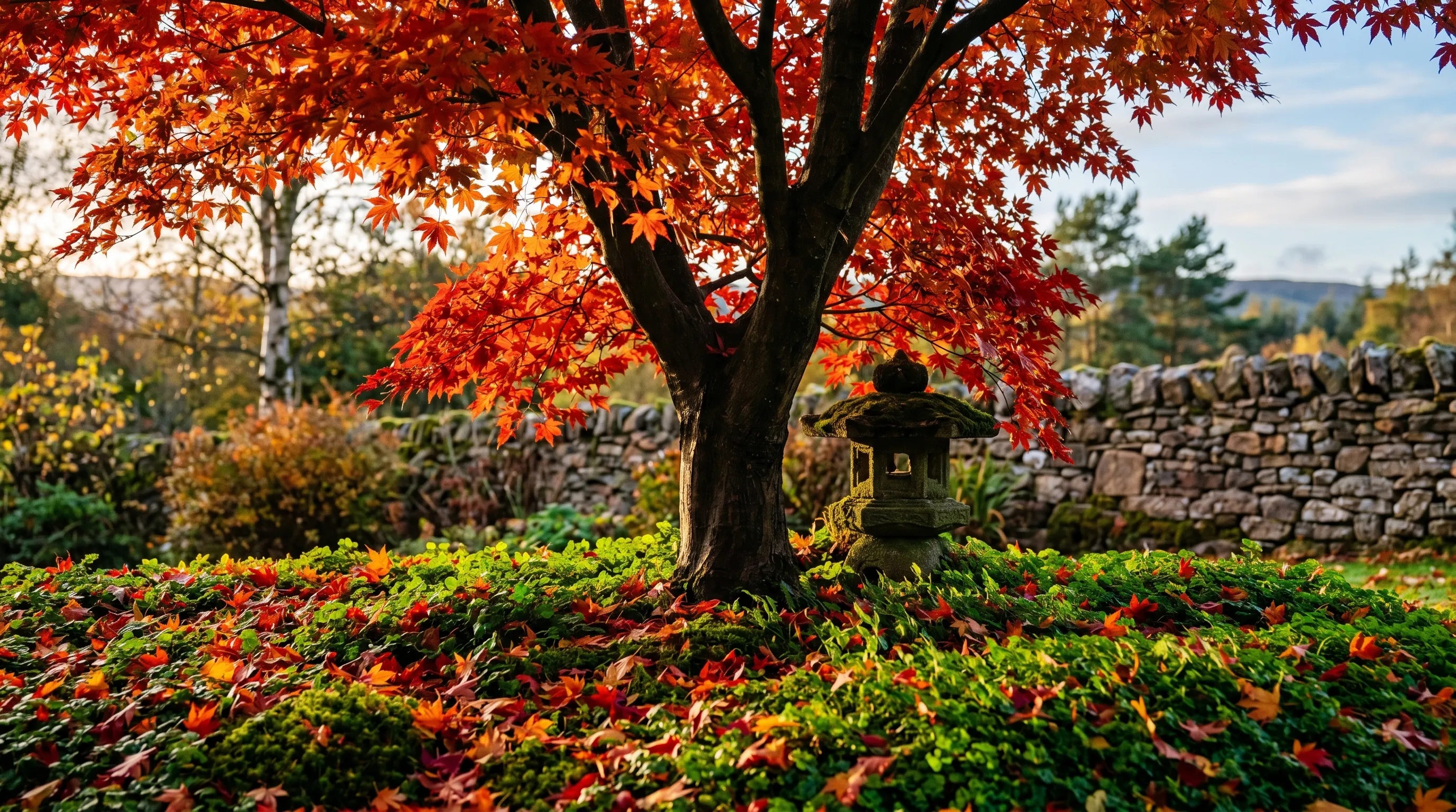 Acer palmatum 'Osakazuki' in scarlet autumn colour above Soleirolia ground cover and a stone lantern