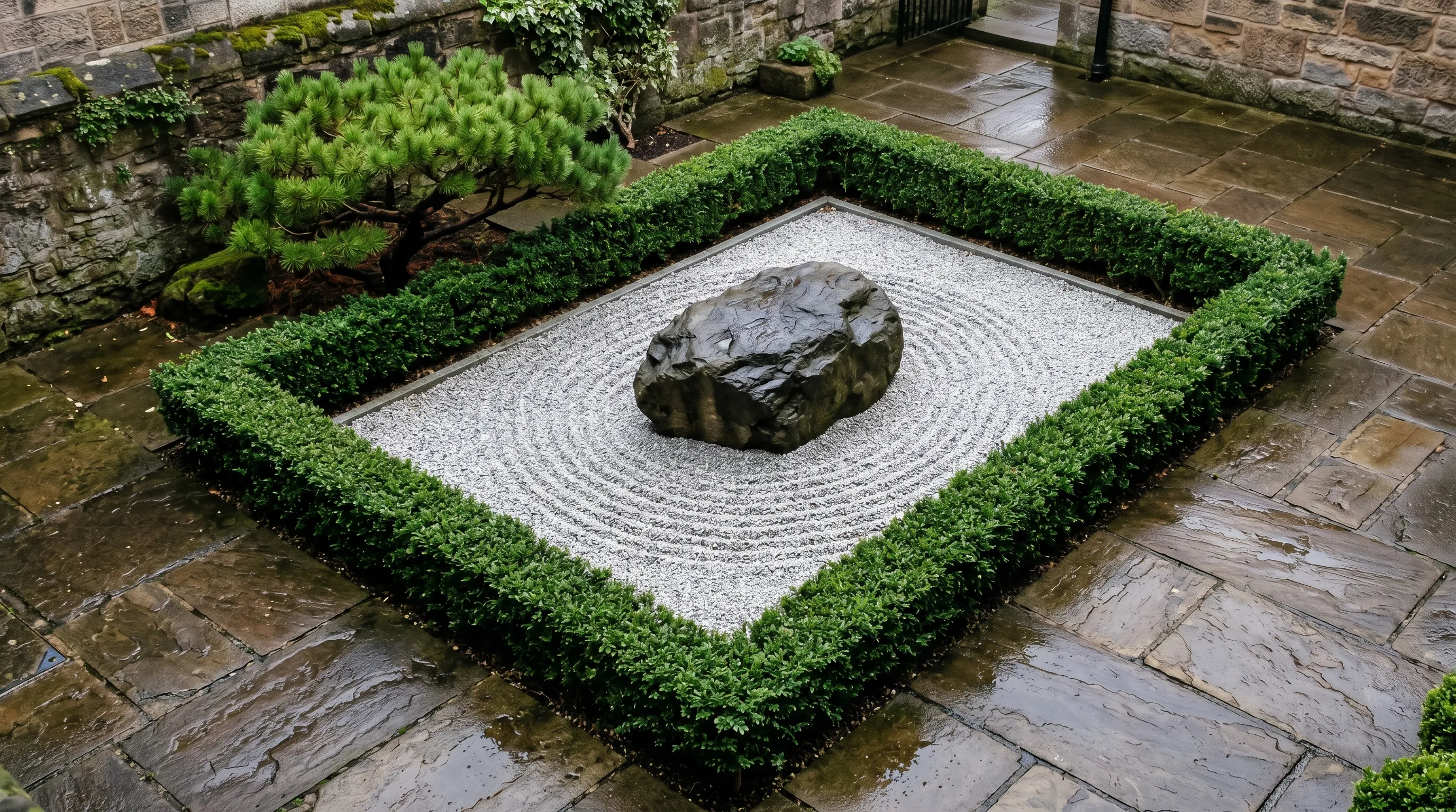 Raked gravel ripple pattern around a basalt boulder in a contemporary UK Japanese garden