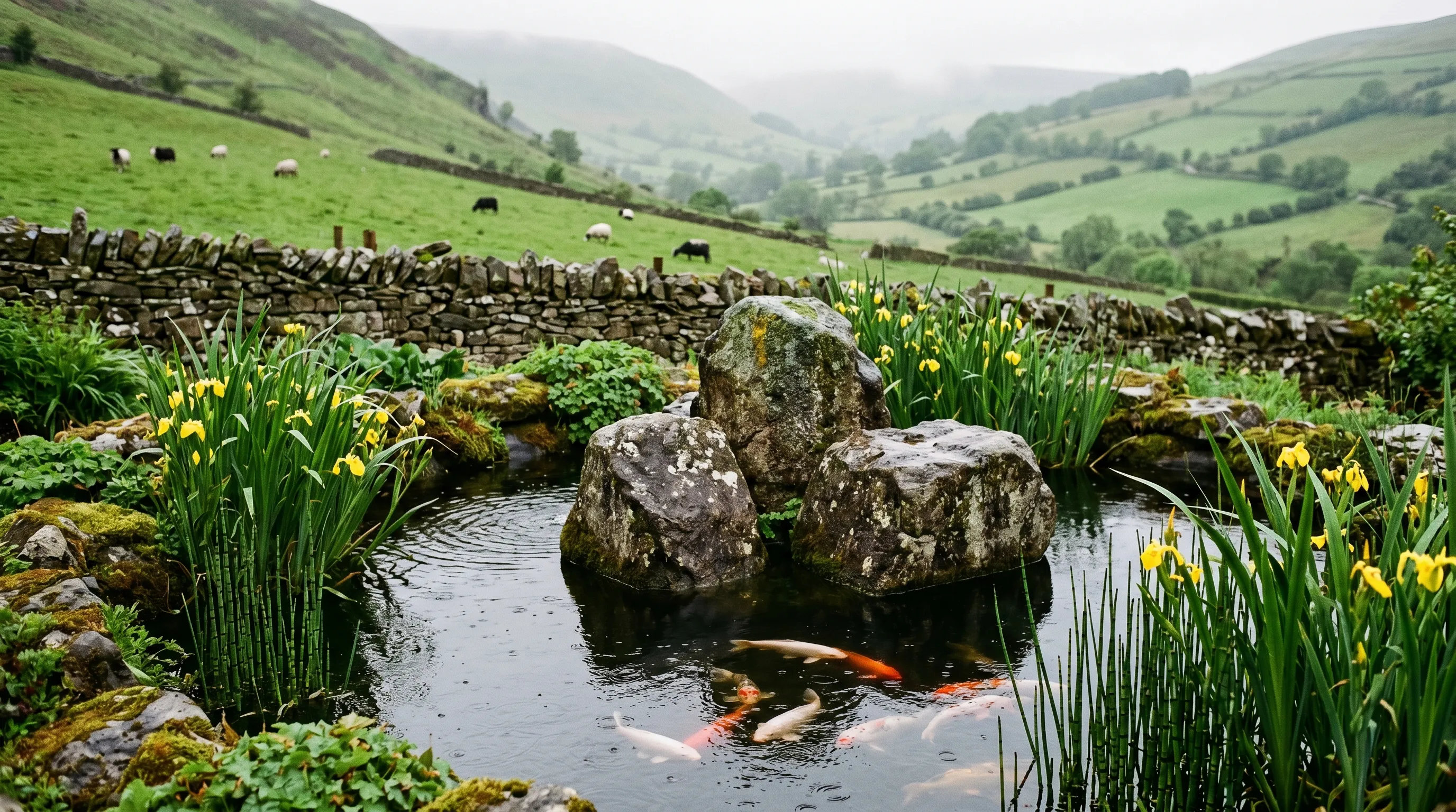 Granite boulders rising from a small koi pond in a Welsh valley Japanese garden