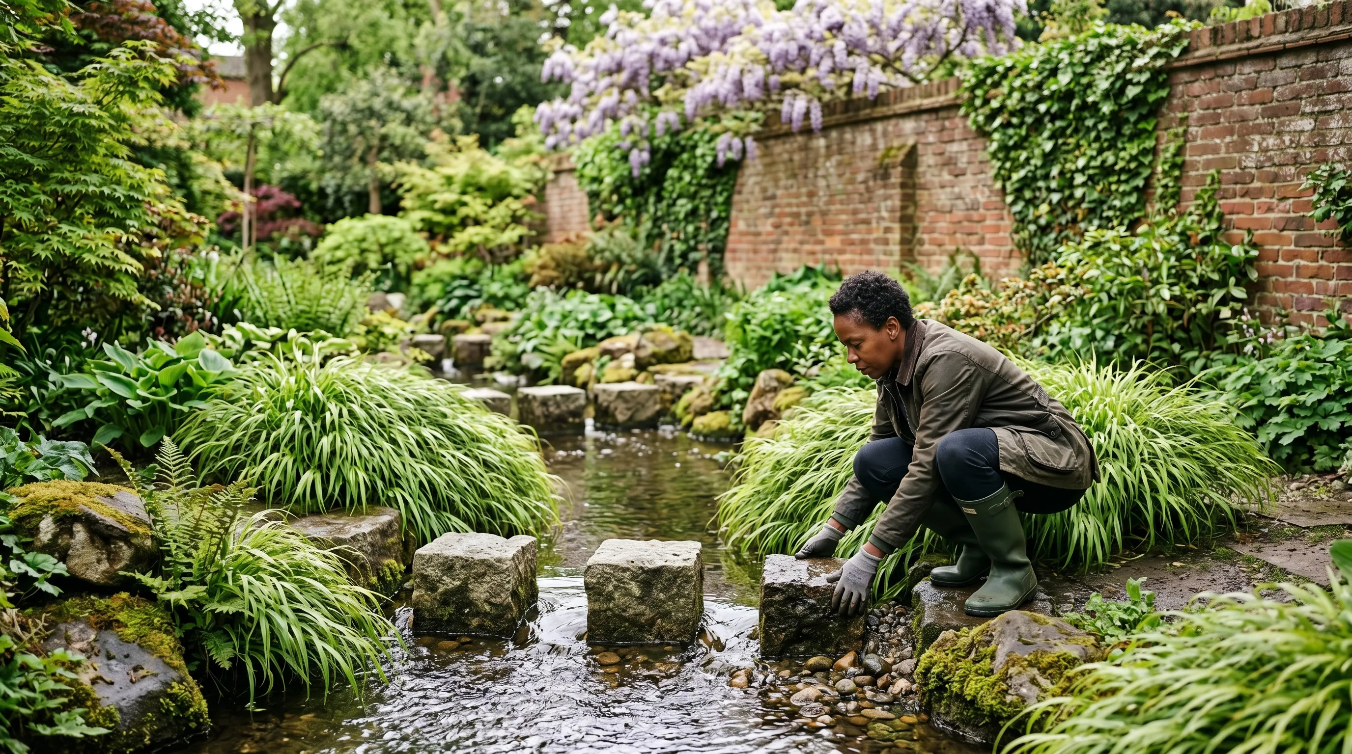 Granite stepping stones spaced 450mm apart crossing a small stream in a suburban Japanese garden