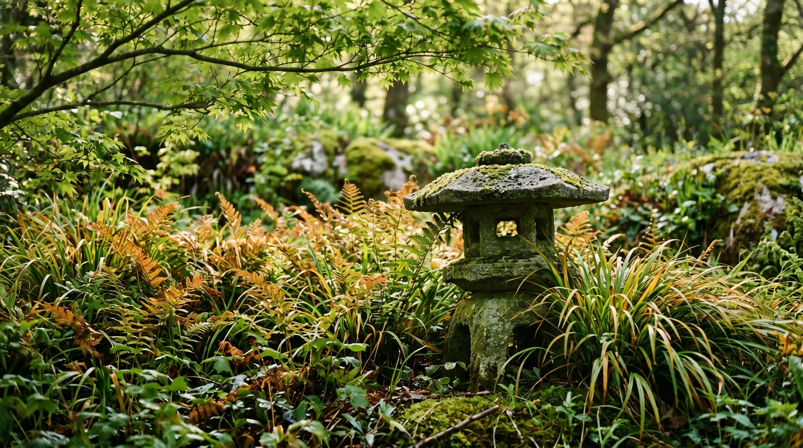 Stone Yukimi lantern half-buried in autumn ferns and Hakonechloa in a UK Japanese garden