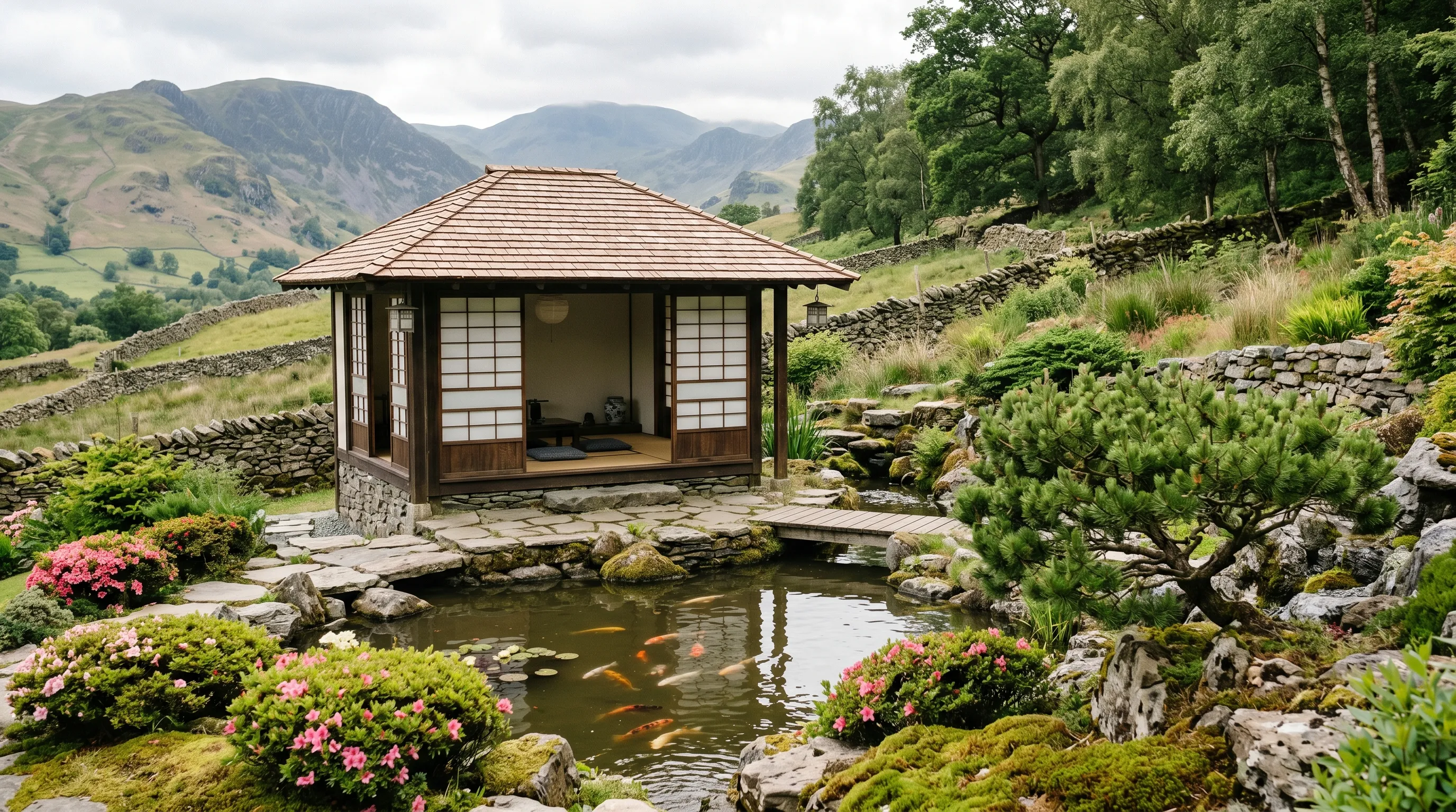 Tea-house style summerhouse beside an ornamental pond in a Lake District Japanese stroll garden