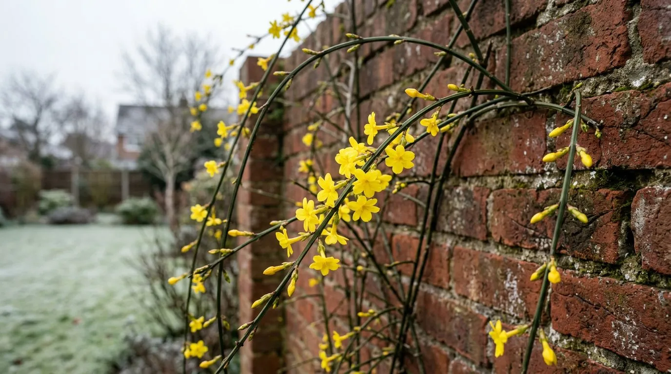 Yellow winter jasmine flowers blooming on bare stems against a brick garden wall in a frosty UK garden during January