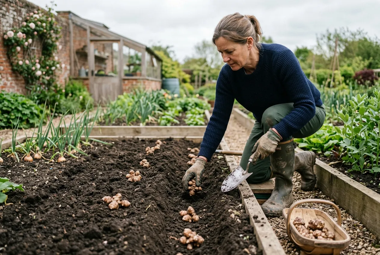Jerusalem artichoke tubers being planted in a trench in a UK spring garden