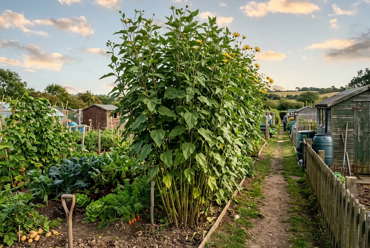 Tall Jerusalem artichoke plants used as a windbreak on an allotment showing their impressive height