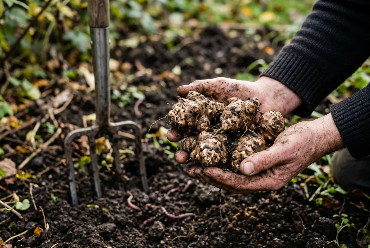 Freshly dug Jerusalem artichoke tubers showing knobby shapes held in muddy hands