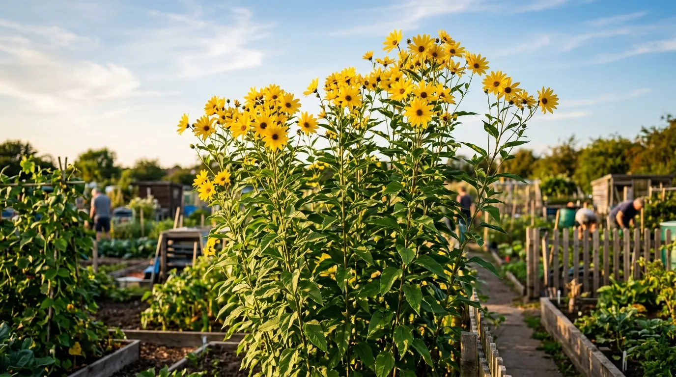 Jerusalem artichoke plants with yellow sunflower-like blooms growing tall in a UK allotment