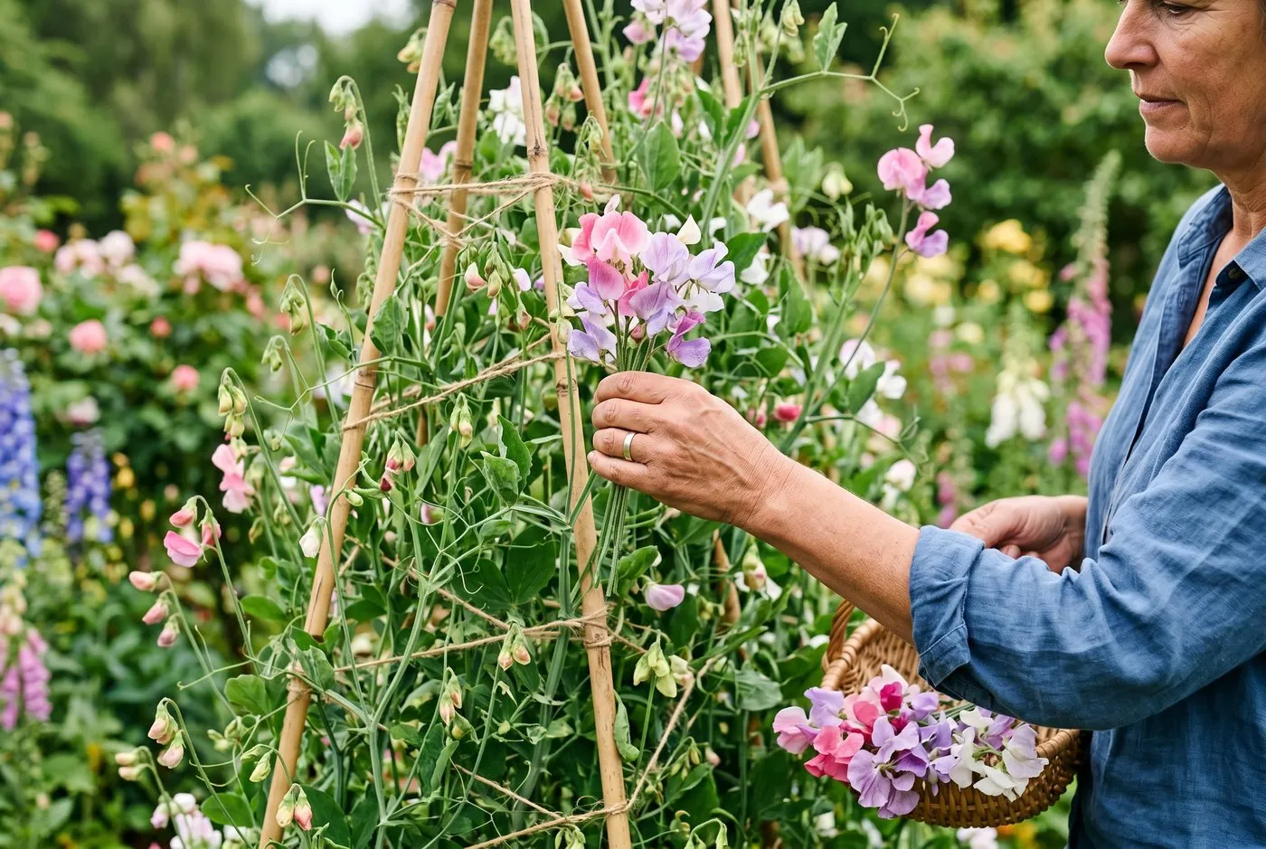 A gardener's hands deadheading sweet peas in a Scottish cottage garden with a trug of cut flowers