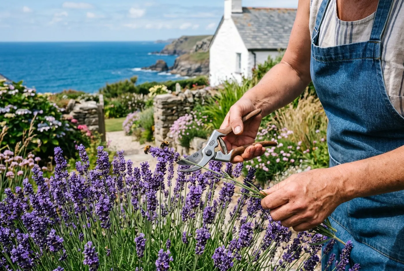 A pair of secateurs trimming lavender in a Cornish seaside garden with bees still working the last flowers