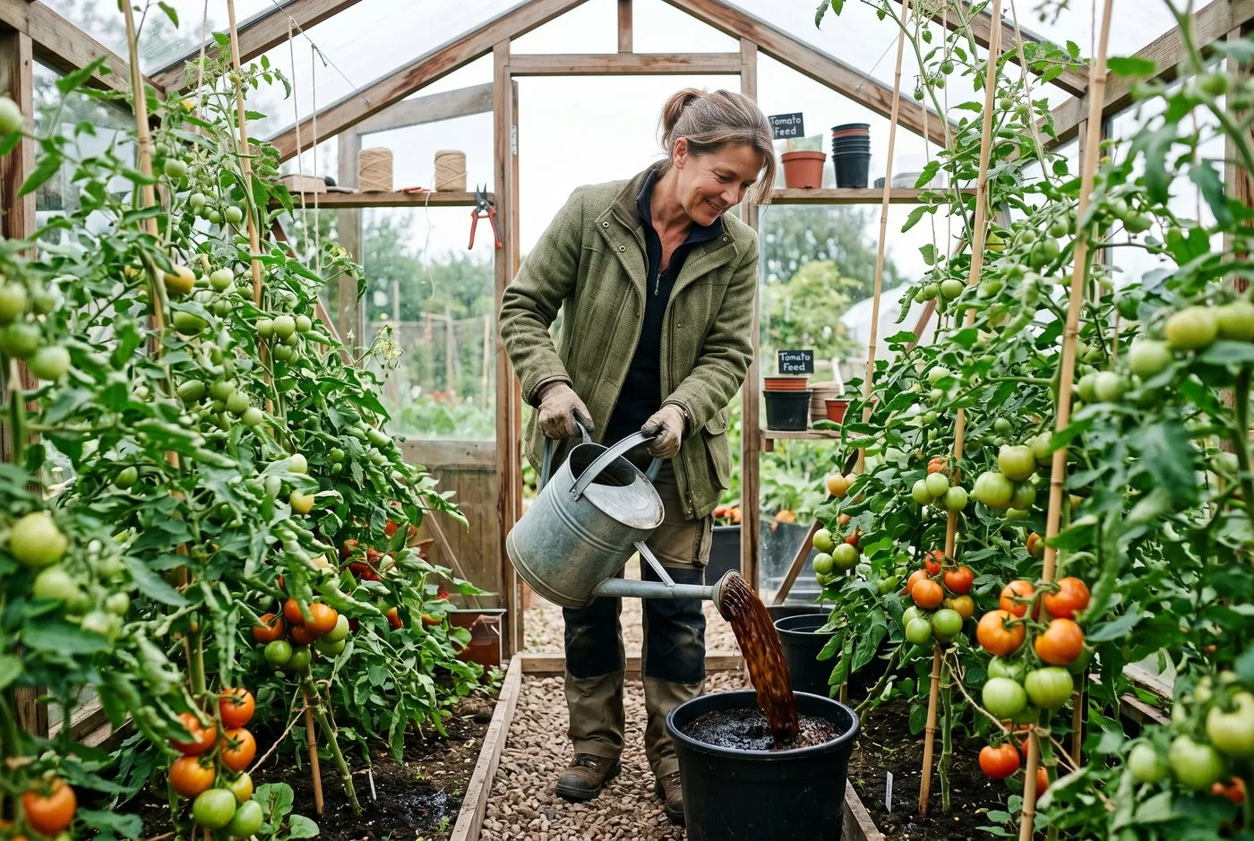 Feeding tomato plants with liquid feed in a Midlands suburban greenhouse, fruit trusses ripening