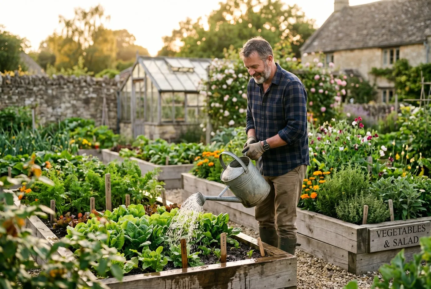 A watering can pouring at the base of vegetable plants in the evening light of a Welsh valley garden