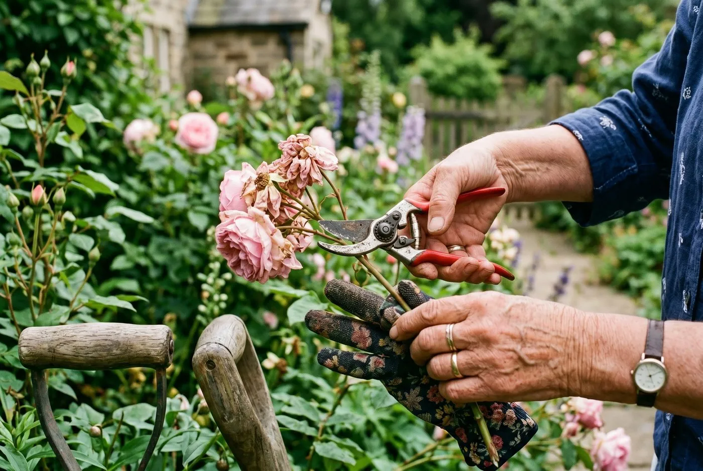 Close-up of hands deadheading a pink shrub rose with secateurs in a Welsh valley garden, with green hills behind