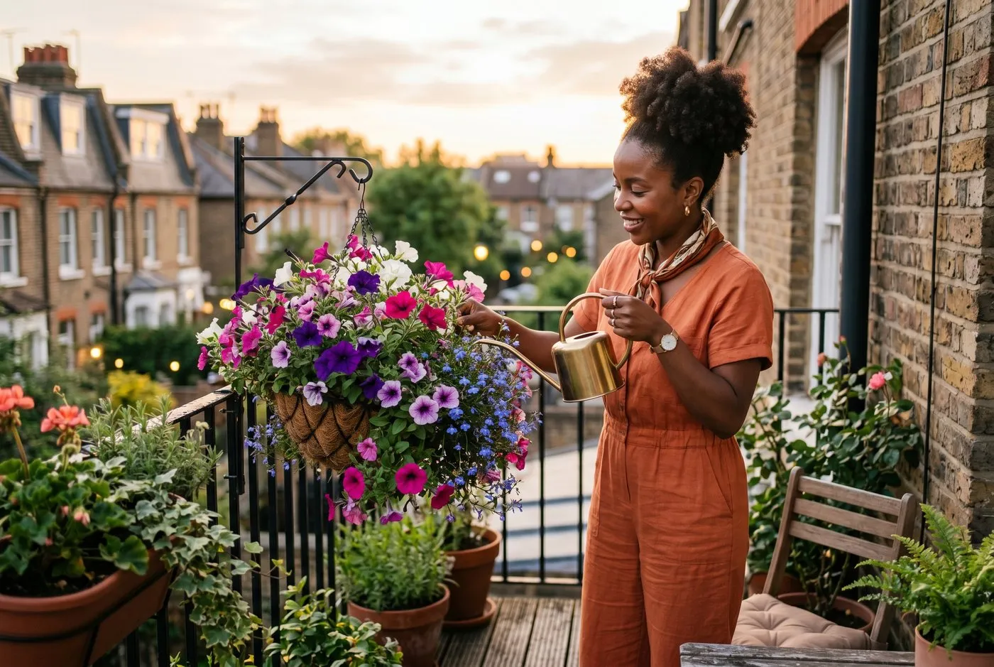 A hanging basket of trailing petunias and lobelia being watered with a long-reach lance outside a coastal cottage in Norfolk