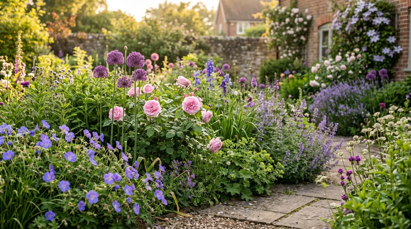 A Yorkshire suburban back garden in June with full summer borders, a mown lawn and tomato plants in a small greenhouse