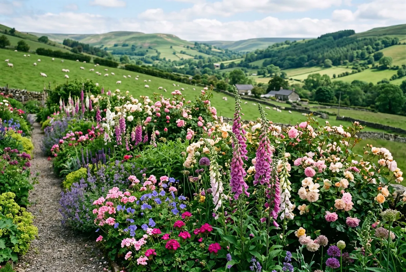 A wide summer border in full flower in a Cornish seaside garden, with salvias, geraniums and roses spilling onto a gravel path