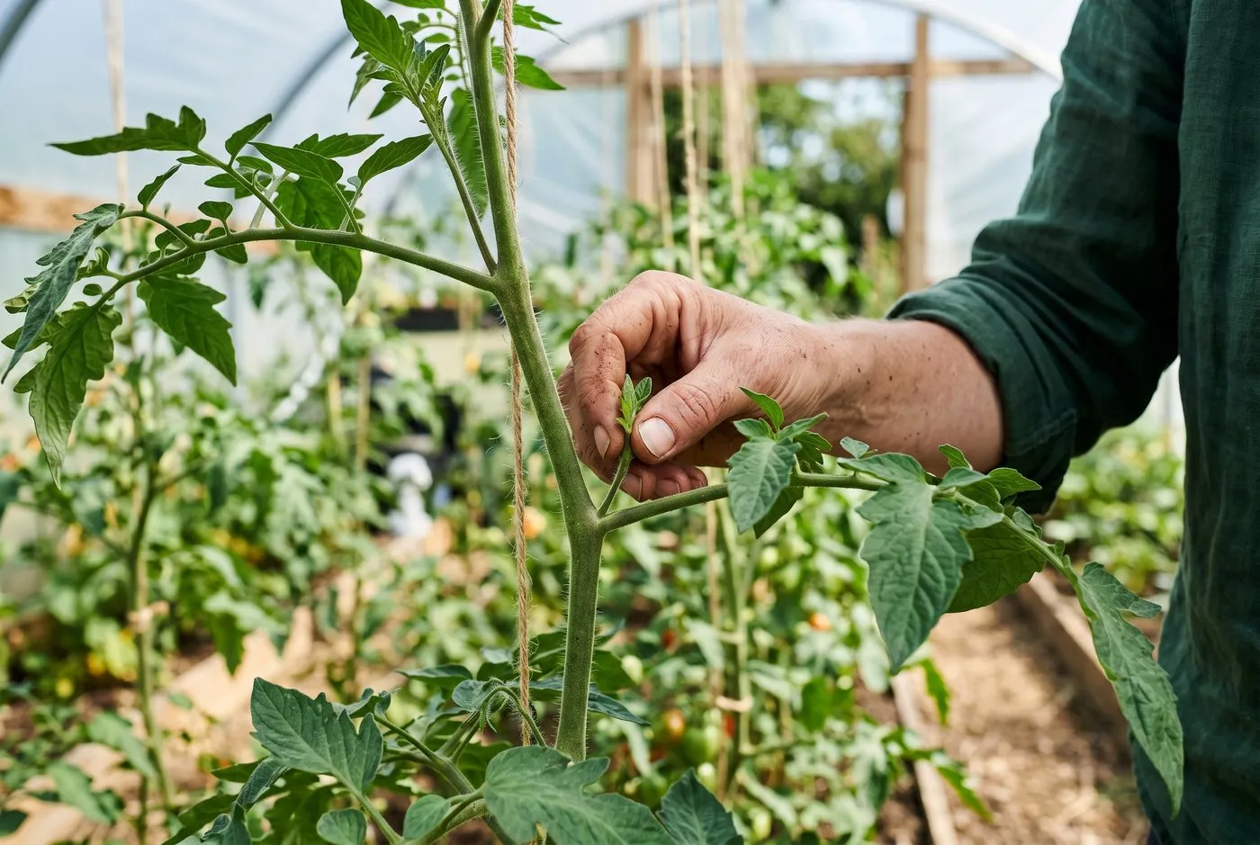 A London terrace garden with grow-bag tomato plants against a brick wall, a hand pinching out a sideshoot