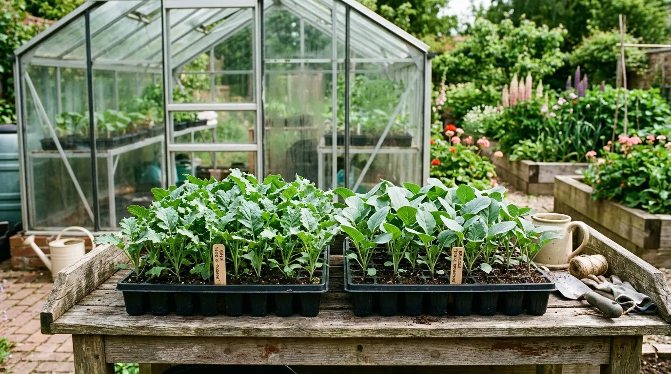 Young kale and broccoli seedlings in module trays ready for planting out