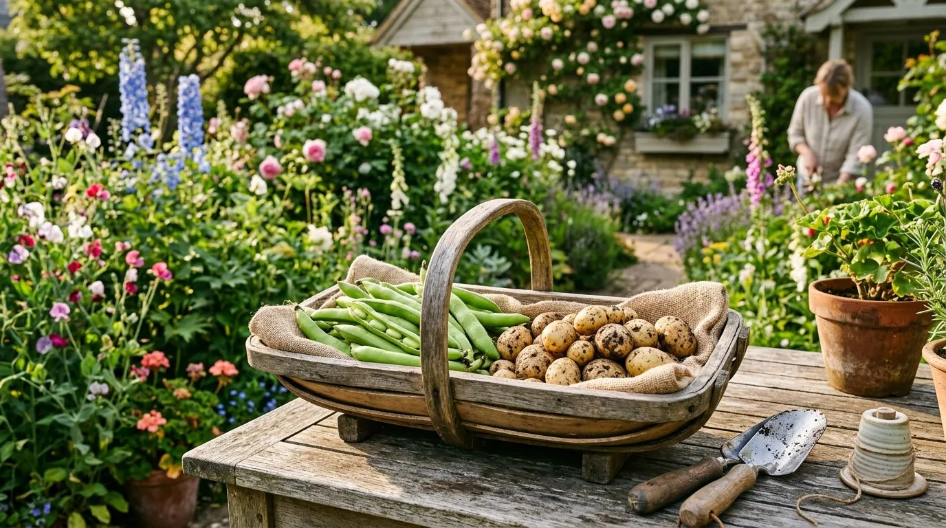 June harvest of freshly picked broad beans and new potatoes in a wooden trug