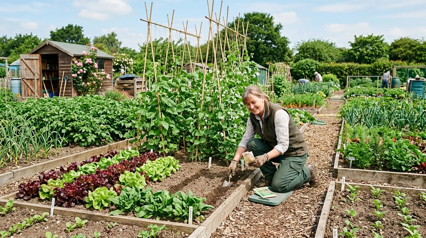 Flourishing UK vegetable garden in June with rows of growing crops and a gardener sowing seeds